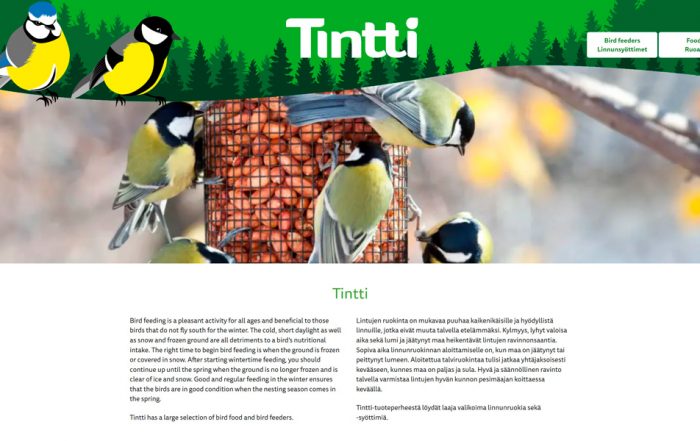 Tintti-verkkosivujen etusivu.