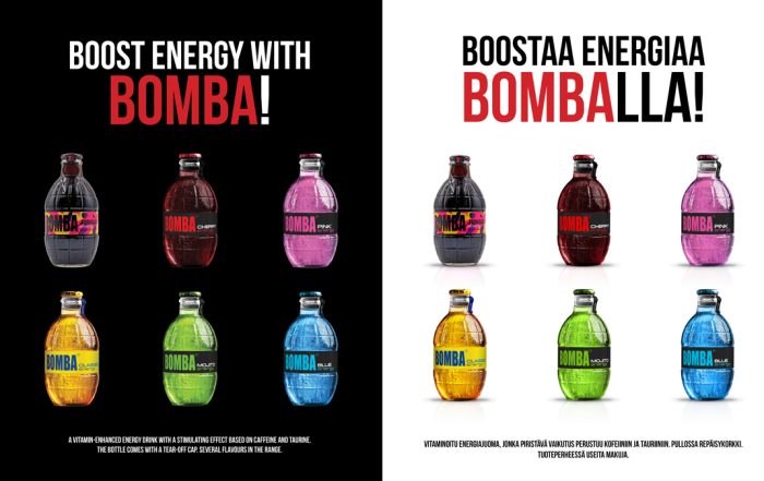 Bomba energy Drinks in 6 flavours.Bomba energiajuomat 6 eri maussa.